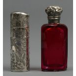 Victorian silver perfume bottle, London 1882 and a ruby glass scent bottle. Perfume bottle 5.8 cm.