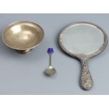 Silver pedestal bon bon dish, Birmingham 1970, a hand mirror and a silver and enamel spoon. 82 grams