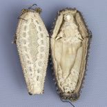 Very unusual memorial miniature doll figure in a beaded coffin. 6.5 cm long. UK Postage £12.