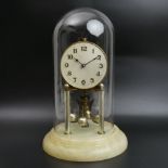 Brass Anniversary clock on an alabaster base under a glass dome, circa 1950. 32.5 cm high x 19 cm
