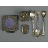 Georgian silver mustard spoon, Birmingham 1825, Edwardian silver topped box, photo frame, vesta case