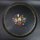 Signed Toleware floral tray, Ann Hockemeir. 41 cm diameter. UK Postage £20.