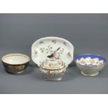 Four items of hand painted English porcelain dating from circa 1830. Dish 24.5 cm wide. UK