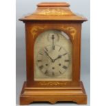 Edwardian mahogany inlaid chiming movement bracket clock, circa 1910. 46 cm x 30.5 cm x 21 cm. UK