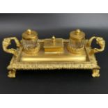 19th century French gilded bronze and glass inkstand of classic form. 24.5 cm wide x 13.5 cm high.