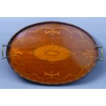 Edwardian oval mahogany inlaid tray with brass handles, circa 1910. 52 cm x 35 cm. UK Postage £30.