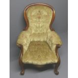 Victorian mahogany spoon back arm chair. 73 cm wide x 97 cm high. Collection only.