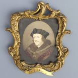 An early water colour of Sir Thomas More in an ornate gilt frame. 15.5 cm x 14.5 cm. UK Postage £15.