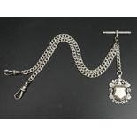 Edwardian silver curb link double-clip, sliding T-bar, pocket watch albert chain and fob. 44.2