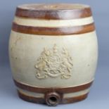 Victorian salt glazed whisky barrel decorated with the Royal coat of arms in relief. 31 cm high x 28