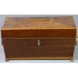 19th century walnut inlaid tea caddy with Lions head handles. 32 cm wide x 16 cm deep x 18 cm