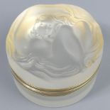 Lalique French art glass hinged trinket box, signed to the base Lalique France. 8 cm diameter x 5 cm