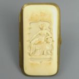 Victorian ivory mounted card case depicting Ariadne, the fitted interior silk lined. 14 cm x 8 cm.