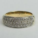 9 carat gold diamond pave set ring, 3.8 grams. Size R and 7.2 mm at it's widest. UK Postage £12.