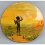 Hand painted wooden wall plaque of an Australian Aboriginal hunter. 30 cm diameter. UK Postage £15.