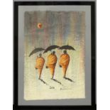 A signed hand painted picture of three stylized Buddhist monks. 51 cm x 63 cm.