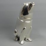 A silver plated cocktail shaker in the form of a seated bear. 26 cm high. UK Postage £16.
