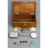 An old leather jewellery box and contents, including shoe buckles, a gravity drop Samson & Mordan