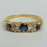 18 carat gold Sapphire and Diamond five stone ring, Birmingham circa 1900. Size M, top 4.6 mm,