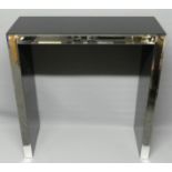 Black glass and bevelled mirror consul table. 81 cm wide x 85 cm high x 30 cm deep.