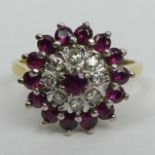 18 carat gold Ruby and Diamond cluster ring, London 1967. Size P 1/2, top 15.7 mm, band 1.9. 6.1