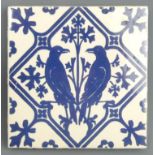 A Victorian Mintons blue and white bird design pottery tile. 15.5 cm square. UK Postage £15.