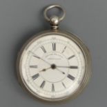 Victorian silver centre seconds Chronograph, open face pocket watch, Chester 1891. 60 mm x 85 mm. UK