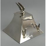 Edwardian silver inkwell with winged mount, Sheffield 1904. 80 mm high. UK Postage £15.