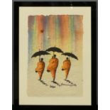 A signed hand painted picture of three stylised Buddhist monks. 39 x 52 cm. UK Postage £20.