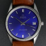 Vintage Omega stainless steel blue face, date adjust, automatic watch. 35 mm wide (inc. button).