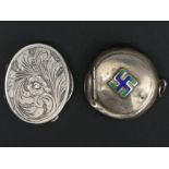 A silver and enamel compact, Chester 1911 and an 800 grade silver 44 mm wide pill box. UK Postage £