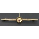 Edwardian 15 carat gold seed pearl set bar brooch. 59 mm long. 3.4 grams. UK Postage £12.