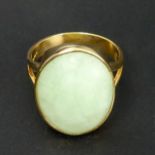 22 carat gold celadon jade set ring, 8.8 grams. Size T, 21.8 mm top, 4.1 mm band. UK Postage £12.