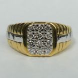 18 carat gold two colour diamond set signet ring, 6.6 grams. Size S 1/2, top 10 mm, band 3.5 mm.