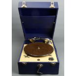 Decca 50 blue cased portable wind-up table top gramophone. 42 cm x 30 cm x 18 cm. UK Postage £25.