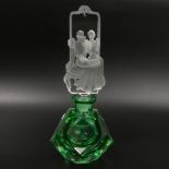 Bohemian Art Deco design green and clear glass perfume bottle. 19 cm. UK Postage £15.