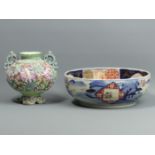 Japanese Meiji period Moriage ware porcelain vase and an Arita porcelain Imari bowl. Bowl 22 cm x