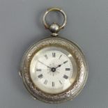 Late 19th century ornate silver pocket watch. 38 mm x 46 mm. UK Postage £12.