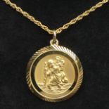 9 carat gold Saint Christopher pendant on a 50 cm Prince of Wales chain, London 1972. 11.8 grams.