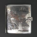 Sterling silver signed Japanese landscape scene cigarette case. 70 x 80 x 10 mm. 65 grams.