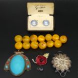 A pair of Stratton Wedgwood cufflinks, amber type beads, filigree silver ornament, coral and