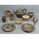 Hukin & Heath silver plate dishes, tea set and part tea sets along with a wine funnel. UK Postage £