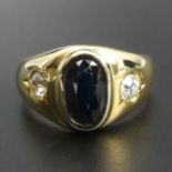 18 carat gold sapphire and diamond ring, 6.5 grams. Size O, 11.2 mm top, 3.2 mm band. UK Postage £