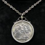 Victorian 1898 silver crown pendant on a 59 cm silver chain. 42.8 grams. UK Postage £12.
