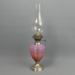 Victorian silver and cranberry trailed opaque glass oil lamp, London 1888. 37 cm. UK Postage £16.