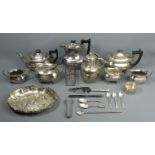 Silver plated tea and coffee set, tea set, ornate bowl, toast rack and other plated items. UK