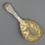 Ornate silver tea caddy spoon George Angel (marks obscured). 23 grams. UK Postage £12.