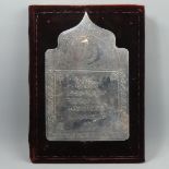 A velvet and white metal bound copy of the Koran. 26.5 x 35 x 4 cm. UK Postage £18.