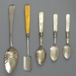Georgian silver berry spoon, London 1825, Georgian Stilton scoop by Samuel Pemberton, two George V