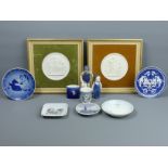 Two Royal Copenhagen Parian ware wall plaques, five blue and white dishes, 3250 figure etc. Frames